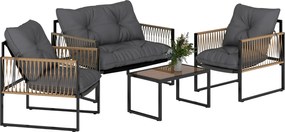 Outsunny Set mobilier grădină, 4 piese, canapea, 2 scaune, masă cu blat din sticlă, cadru metalic, polyratan, antracit | Aosom Romania