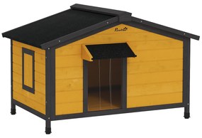 PawHut Caseta pentru Câini Exterior cu Acoperiș Asfaltic Rabatabil Ferestre și Bază Detașabilă 97x72x65 cm Lemn Natural | Aosom Romania