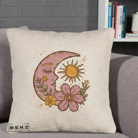 Perna Personalizata Luna si Soare Floral Boho, 40x40 cm, Bej Canapea, Husa Detasabila, Perna Inclusa, BEKZ®