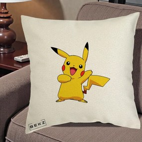Perna Personalizata Pikachu Fericit, 40x40 cm, Ecru, Husa Detasabila, Perna Inclusa, BEKZ®