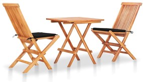 vidaXL Set bistro cu perne negre, 3 piese, lemn masiv tec