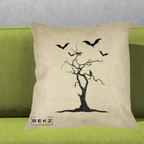 Perna Decorativa Halloween Copac cu Lilieci Alb-Negru, 40x40 cm, Crem, Husa Detasabila, Perna Inclusa, BEKZ®