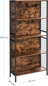 Biblioteca Living cu 4 Rafturi, Maro Rustic / Negru, PAL Melaminat, Vasagle, LBC023B01
