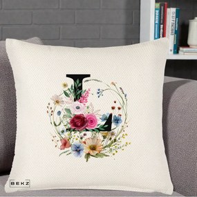 Cadou Personalizat - Perna Personalizata Monogram Litera L cu Flori Acuarela, 40x40 cm, Crem Reliefat, Husa Detasabila, Perna Inclusa, BEKZ®
