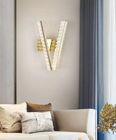 Aplică LED Auriu cu Cristale – 2 Surse, 10W, 3 Tipuri de Lumină, 35×20×12 cm