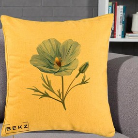 Perna Decorativa Mac Albastru Acuarela, 40x40 cm, Galben, Husa Detasabila, Perna Inclusa, BEKZ®