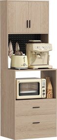 HOMCOM Mobilier pentru cuptor cu microunde, bufet, 2 sertare, 2 uși, blat de lucru, poliță reglabilă, panou perforat, 4 cârlige, lemn natural | Aosom Romania
