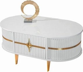 RESIGILAT- Măsuță de cafea cu riflaje și sertar, Alb/Auriu, 105x60x47cm
