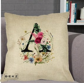 Cadou Personalizat - Perna Personalizata Monogram Litera A cu Flori Acuarela, 40x40 cm, Crem, Husa Detasabila, Perna Inclusa, BEKZ®