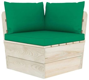 Set mobilier gradina din paleti cu perne, 12 piese, lemn molid Verde, 3x colt + 5x mijloc + 2x masa + 2x suport pentru picioare, 1