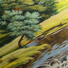 Tablou - Râu între câmpii, pictură în ulei (120x50 cm)