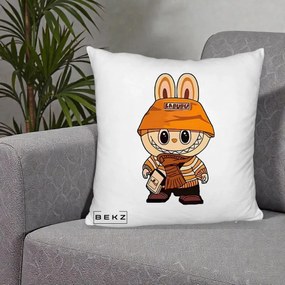Perna Personalizata Labubu Streetwear Portocaliu, 40x40 cm, Alb Pufos, Husa Detasabila, Perna Inclusa, BEKZ®