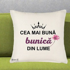 Cadou pentru Bunica - Perna Personalizata Cea Mai Buna Bunica Din Lume Coroana Mov Floare Roz, 40x40 cm, Crem Reliefat, Husa Detasabila, Perna Inclusa, BEKZ®