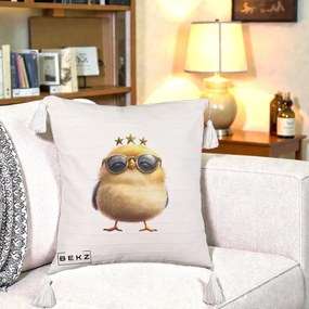 Perna Decorativa Pui Gold Star cu Ochelari Aurii, 40x40 cm, Bej cu Franjuri, Husa Detasabila, Perna Inclusa, BEKZ®