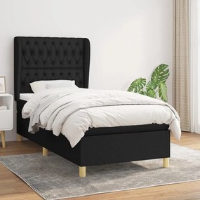 Pat box spring cu saltea, negru, 90x200 cm, textil Negru, 90 x 200 cm, Design cu nasturi