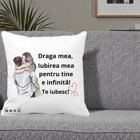 Cadou pentru Iubita - Perna Personalizata Draga Mea Iubirea Mea Infinita Te Iubesc cu Cuplu Acuarela, 40x40 cm, Alba Mata, Husa Detasabila, Perna Inclusa, BEKZ®