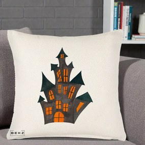 Perna Decorativa Halloween Casa Bantuita Minimalista, 40x40 cm, Crem Reliefat, Husa Detasabila, Perna Inclusa, BEKZ®