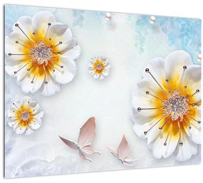 Tablou pe sticlă - Copoziția flori și fluturi (70x50 cm)