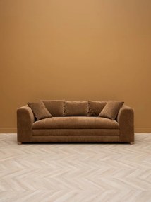 Canapea 3 locuri din catifea maro, cu perne incluse, picioare din lemn masiv, aspect vintage, 68×220×99 cm, „Castano"