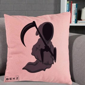 Perna Decorativa Moartea cu Coasa Grim Reaper Halloween, 40x40 cm, Roz, Husa Detasabila, Perna Inclusa, BEKZ®