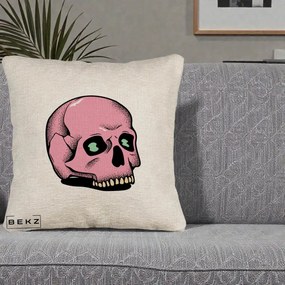 Perna Decorativa Craniu Roz Tatoo Art Halloween, 40x40 cm, Bej Canapea, Husa Detasabila, Perna Inclusa, BEKZ®