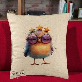 Perna Decorativa Pui Pop Star cu Ochelari Stele Violet, 40x40 cm, Bej, Husa Detasabila, Perna Inclusa, BEKZ®