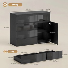 HOMCOM Sideboard modern, sideboard de depozitare cu 5 sertare, raft reglabil, ușă Soft-Close, negru lucios | Aosom Romania