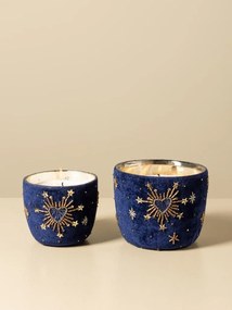Set 2 lumânări decorative din sticlă și catifea albastră, brodate cu inimi și stele aurii, finisaj catifelat, 12 x 13 cm, „Nuit”