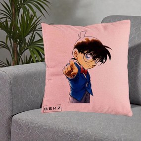 Perna Personalizata Detective Conan Conan Arata, 40x40 cm, Roz, Husa Detasabila, Perna Inclusa, BEKZ®