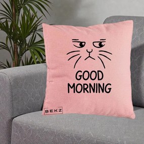 Perna Decorativa Pisica Morocanoasa Good Morning, 40x40 cm, Roz, Husa Detasabila, Perna Inclusa, BEKZ®