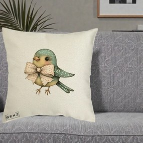 Perna Decorativa Pasare Teal cu Fundita cu Buline, 40x40 cm, Ecru, Husa Detasabila, Perna Inclusa, BEKZ®
