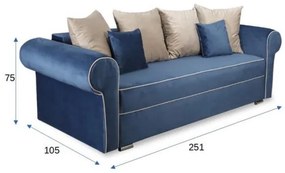 Canapea Extensibila Cu 3 Locuri Sofia, Albastru Si Bej, Lada Depozitare, 251 x 105 x 75 Cm