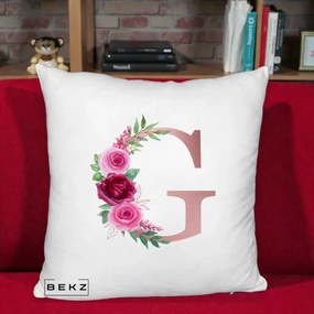 Cadou Personalizat - Perna Personalizata Monograma Rose Gold Litera G, 40x40 cm, Alb Pufos, Husa Detasabila, Perna Inclusa, BEKZ®