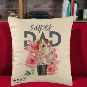 Cadou pentru Tata - Perna Personalizata Super Dad Tata cu Fetita si Flori, 40x40 cm, Bej, Husa Detasabila, Perna Inclusa, BEKZ®