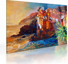 Tablou pe sticlă - Satul de coastă Cinque Terre, Riviera italiană, impresionismul modern (70x50 cm)