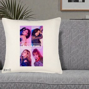 Perna Personalizata K-pop BLACKPINK Poster Colaj 4 Membre Violet Roz, 40x40 cm, Crem Reliefat, Husa Detasabila, Perna Inclusa, BEKZ®
