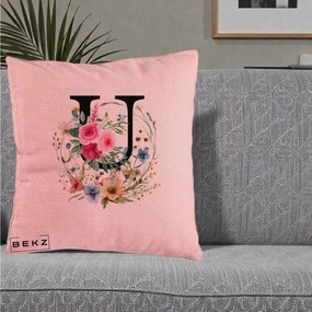 Cadou Personalizat - Perna Personalizata Monogram Litera U cu Flori Acuarela, 40x40 cm, Roz, Husa Detasabila, Perna Inclusa, BEKZ®