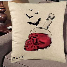 Perna Decorativa Halloween Craniu-Sticla cu Lilieci, 40x40 cm, Bej, Husa Detasabila, Perna Inclusa, BEKZ®