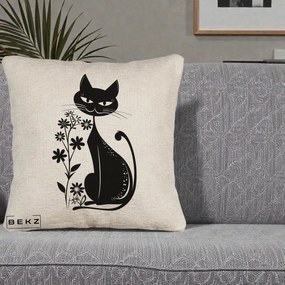 Perna Decorativa Pisica Neagra Grafica Minimalista, 40x40 cm, Bej Canapea, Husa Detasabila, Perna Inclusa, BEKZ®