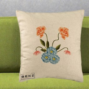 Perna Decorativa Trandafiri si Bujori Acuarela, 40x40 cm, Bej, Husa Detasabila, Perna Inclusa, BEKZ®