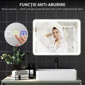 HOMCOM Oglindă de Baie LED cu Bluetooth, Iluminare Reglabilă și Funcție de Memorare, din Sticlă Securizată, 80 x 2.9 x 60 cm | Aosom Romania