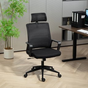 HOMCOM Scaun de Birou Ergonomic cu Tetieră, Înălțime Reglabilă și Funcție de Balansare, 60x64x102-112 cm, Negru | Aosom Romania