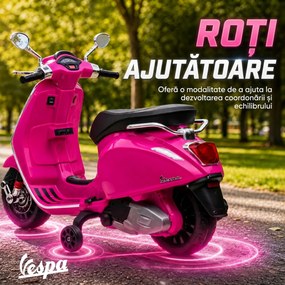 AIYAPLAY Motocicletă electrică pentru copii cu licență Vespa, roți ajutătoare, far și muzică, PP și metal, 107x47x73 cm, Roz | Aosom Romania