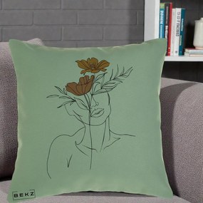 Perna Decorativa Portret Feminin Doua Flori, 40x40 cm, Verde, Husa Detasabila, Perna Inclusa, BEKZ®