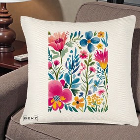 Perna Decorativa Gradina Florala Acuarela Colorata, 40x40 cm, Crem Reliefat, Husa Detasabila, Perna Inclusa, BEKZ®