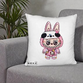 Perna Personalizata Labubu Panda-Bunny Roz, 40x40 cm, Alb Pufos, Husa Detasabila, Perna Inclusa, BEKZ®