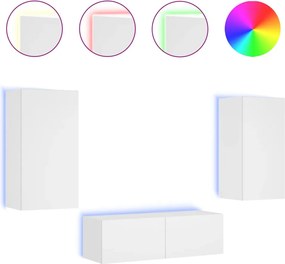 vidaXL Comode TV de perete cu lumini LED, 3 piese, alb