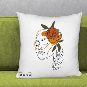 Perna Decorativa Portret Feminin Trandafir Ruginiu, 40x40 cm, Alb Pufos, Husa Detasabila, Perna Inclusa, BEKZ®