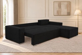 Colțar extensibil Livia Mini din catifea reiată, negru, colț pe dreapta, cu ladă de depozitare