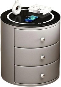 RESIGILAT- Noptieră inteligentă multifuncțională rotundă, 3 sertare, iluminare LED-uri Touch, încărcare fără fir, încărcare USB, difuzor Bluetooth, sticlă securizată, Gri
